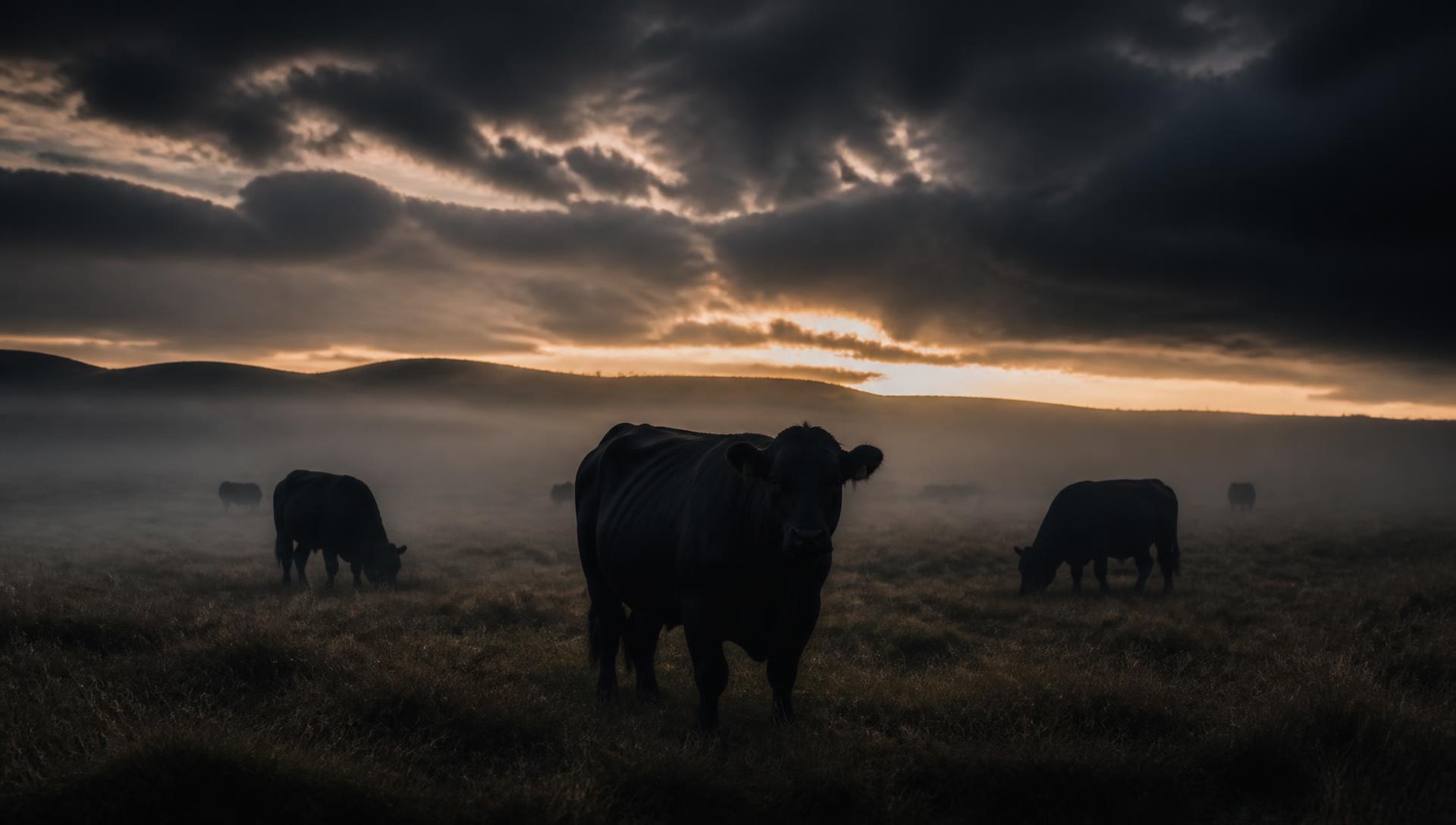 Grass-fed herd standing in low fog at dusk